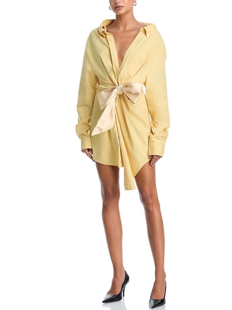Area Satin Knot Oxford Shirt Dress - Light Yellow